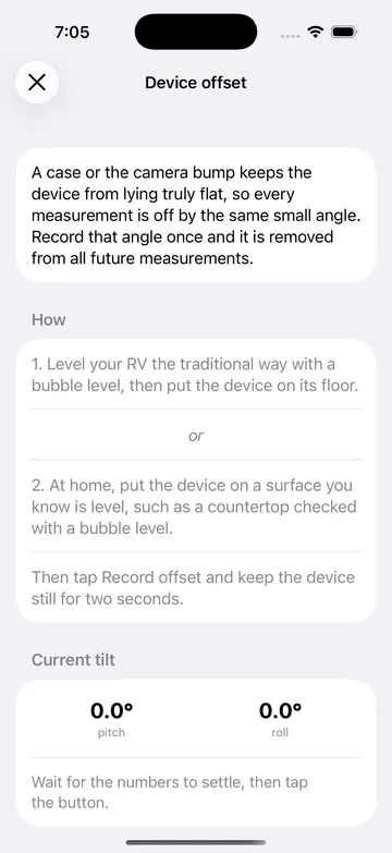 Device offset screen with instructions and the current pitch and roll.