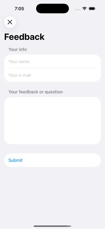 Feedback form with fields for your name, e-mail and feedback or question, and a Submit button.