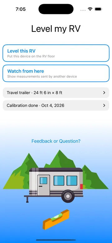 Home screen with Level this RV, Watch from here, the RV summary and the calibration status.