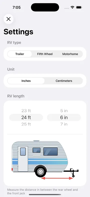 Settings screen with a trailer length of 24 feet 6 inches and a diagram showing the distance from the rear wheel to the front jack.