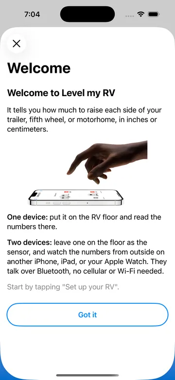 Welcome screen explaining the one-device and two-device ways to use the app.